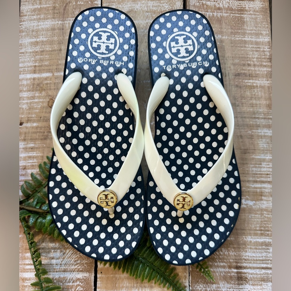Tory Burch Wedge Flip Flops Sandals Navy/ Ivory Polka dot
